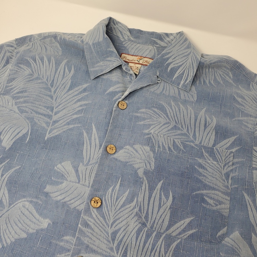 Paradise Blue Silk Shirt Mens M Blue Tropical Leaf Button Down Short Sleeve